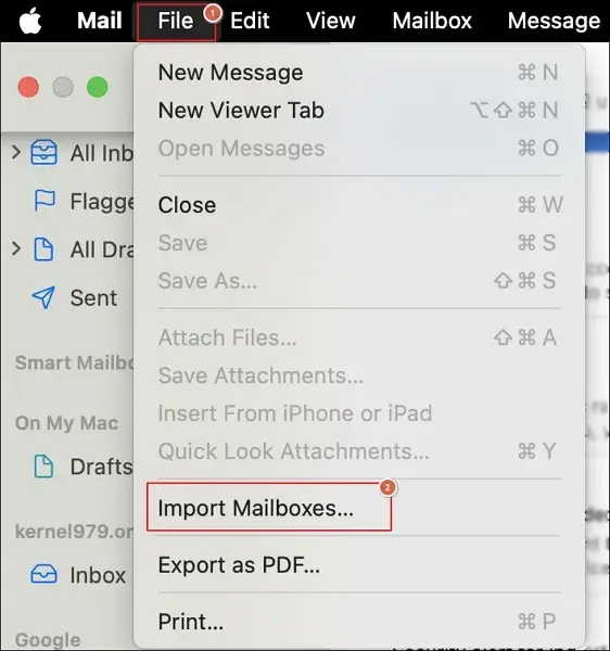 click on Import Mailboxes