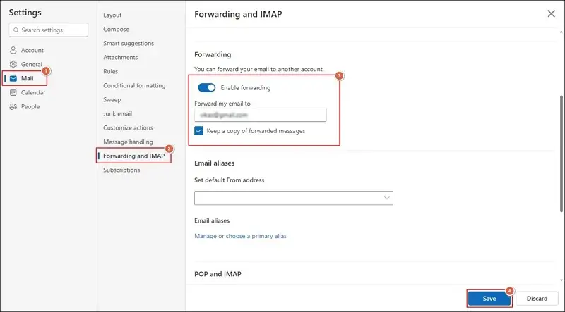 Check the Keep a copy of forwarded messages box and Save