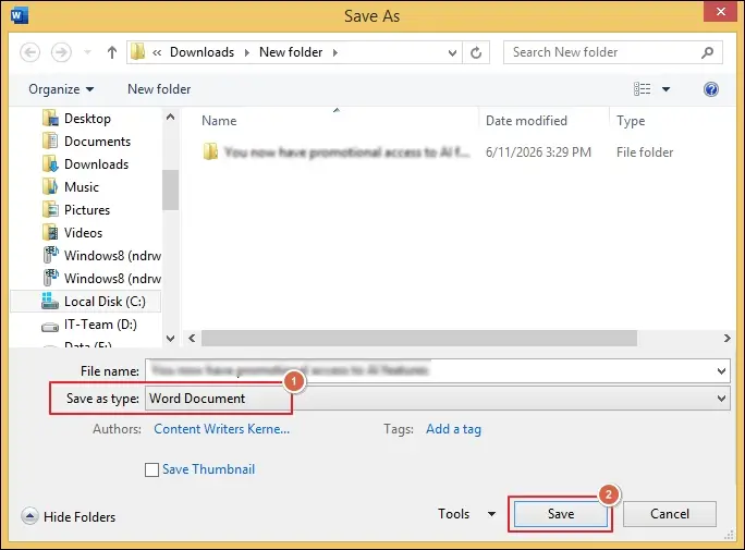 choose the word document and click on save