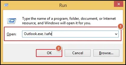 Press Windows + R key, type outlook.exe/safe, & press Enter.