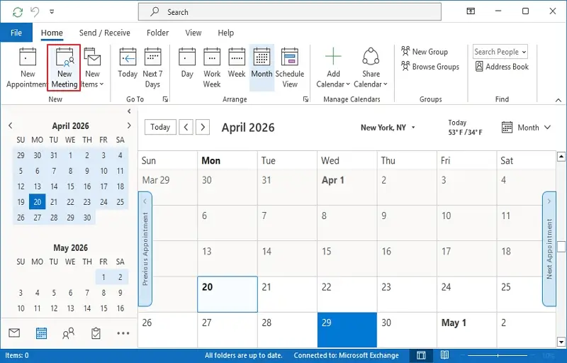 open outlook then go to calendar and click on new meeting