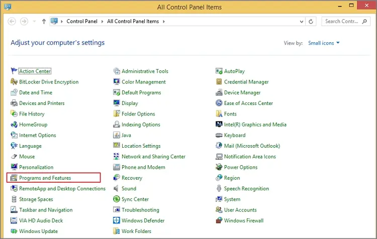 open control panel & choose the programs and features option