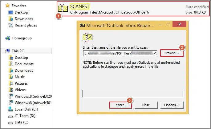 find scanpst.exe then select pst file and click ok