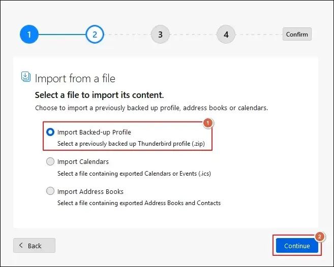 Choose what to import and proceed to Continue