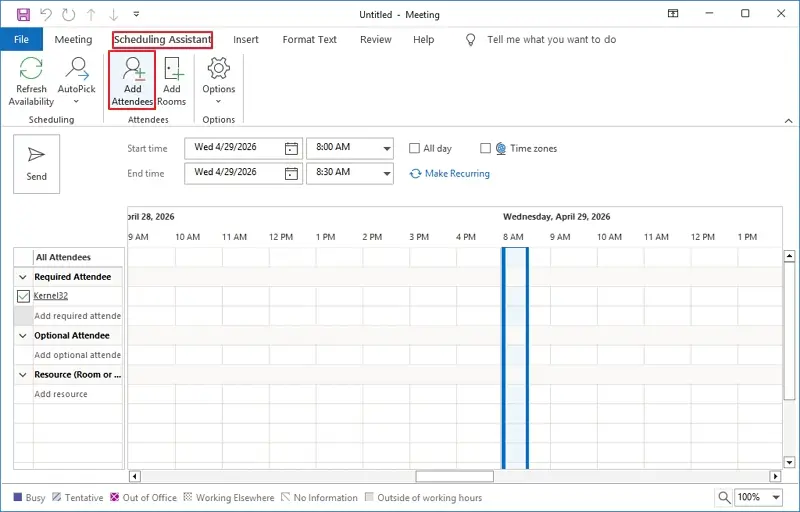 Go to scheduling assistant tab and click add attendees