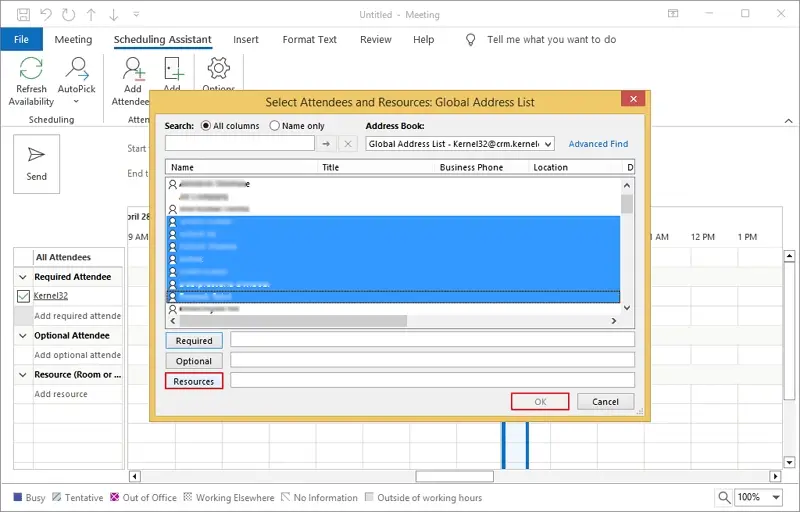 select meeting participants and click resources and then ok