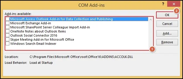 disable unnecessary add-ins & click OK then restart outlook