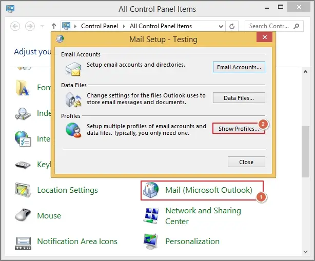 choose mail then select show profiles option