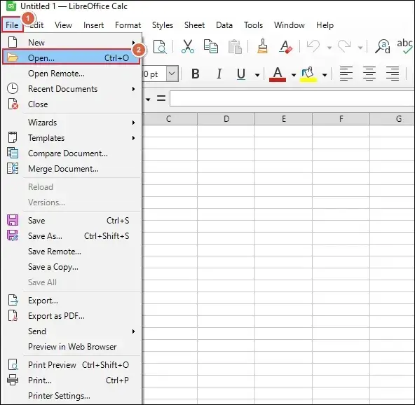 Click on File tab to Open and access the ODS file