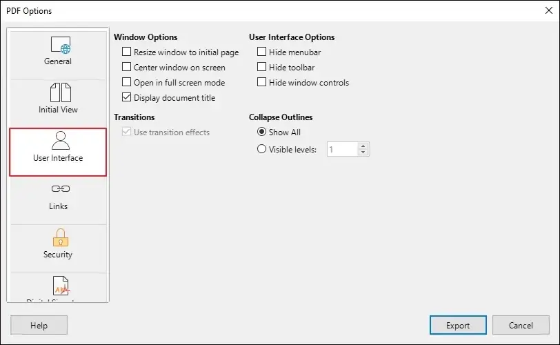 User Interface settings to continue