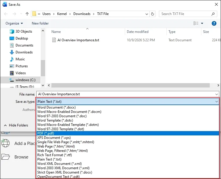 Choose PDF as the file saving type