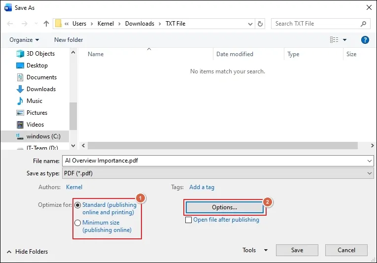 Optimize the PDF files and click Options