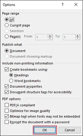 Select the required Options and tap OK