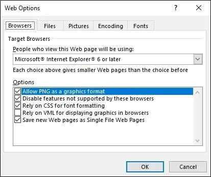 Apply the necessary Web Options and click OK