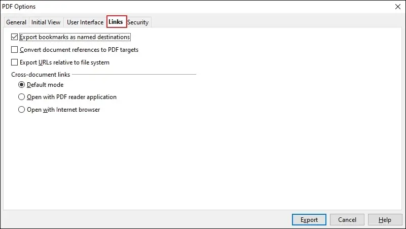 Select the appropriate Links options