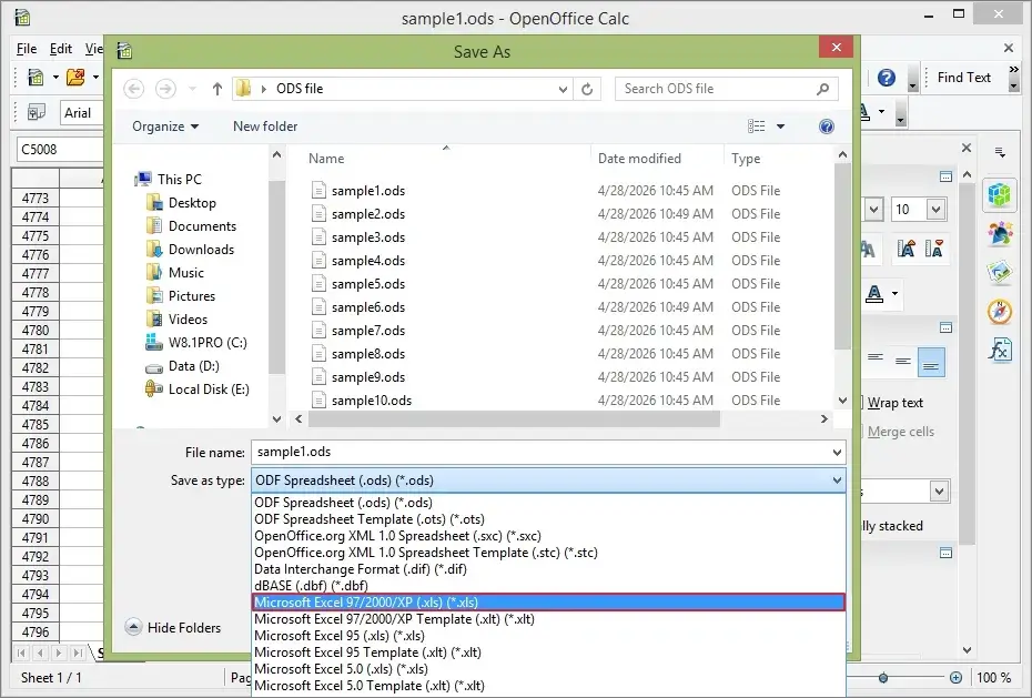 select Microsoft Excel in Save as type