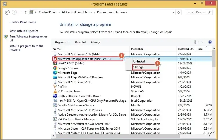 Choose Microsoft Office and tap on Change