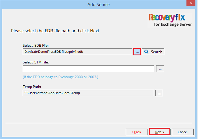 Select the database file from its saving folder or search