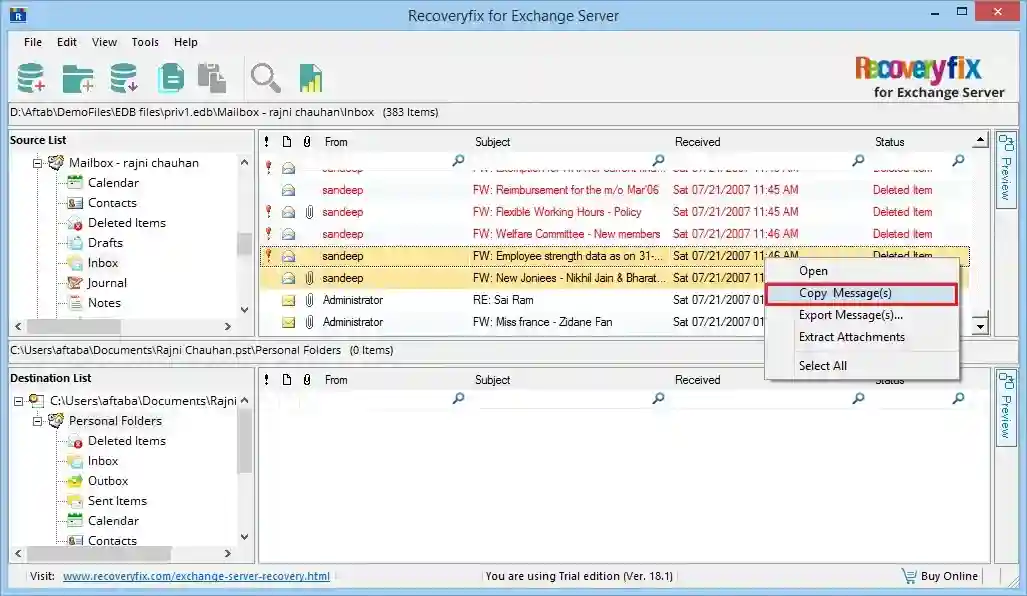 Copy messages from source and paste them to destination
