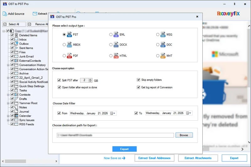 Select the PST file as output type