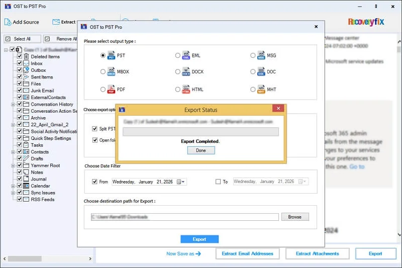 Start exporting the data into PST format