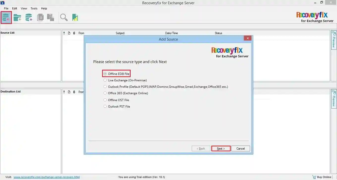 Click the Offline EDB file option