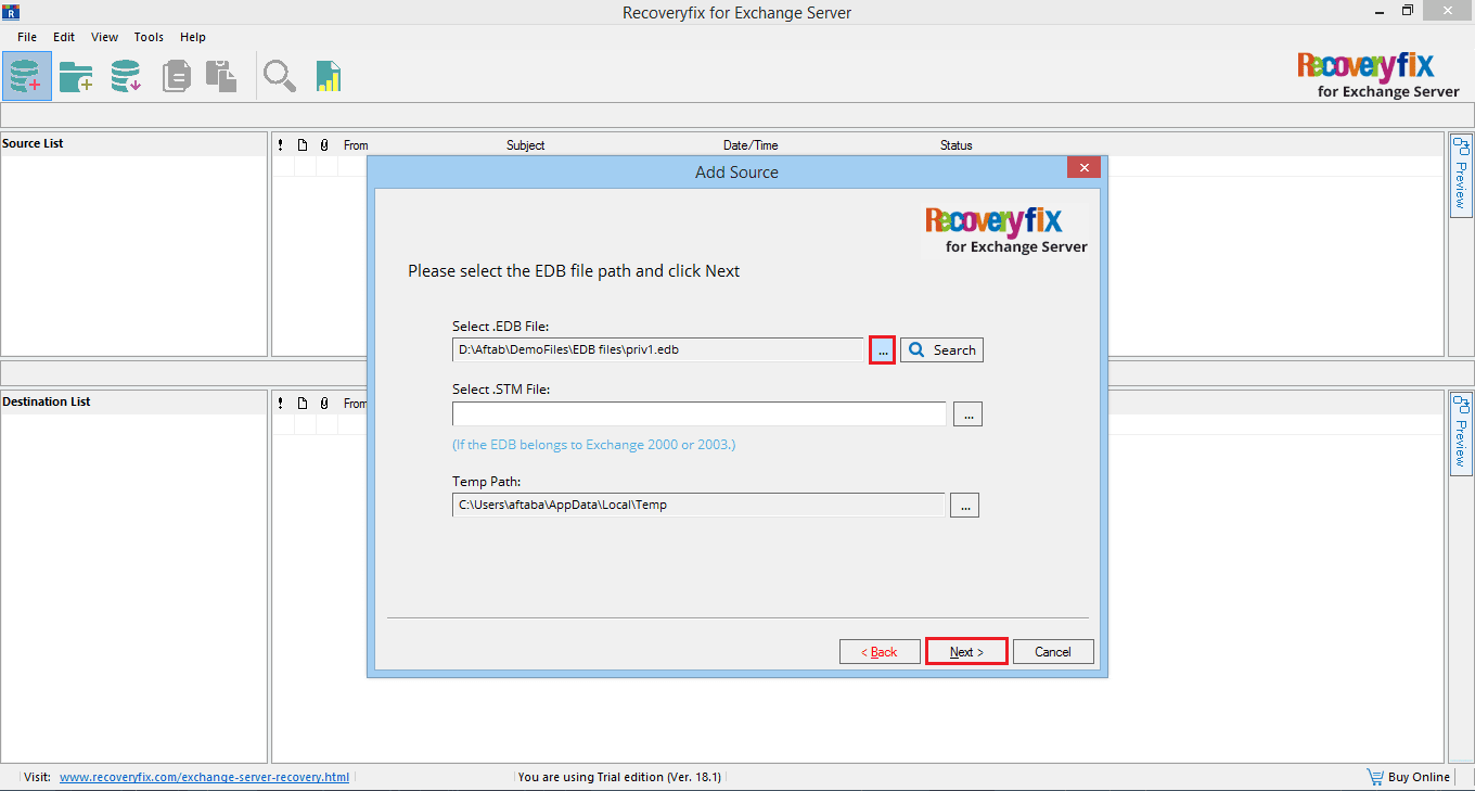 Browse the EDB file from its saving location