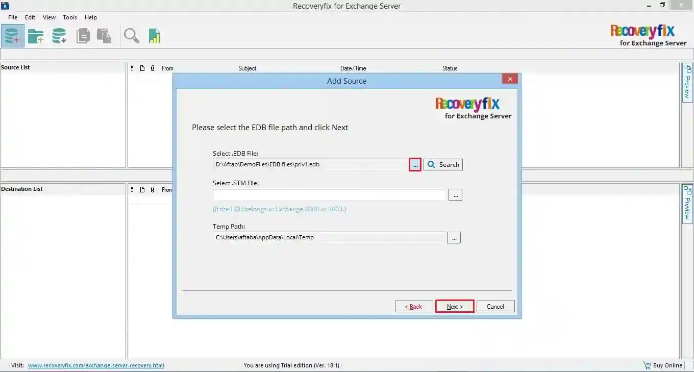 Browse the EDB file from its saving location