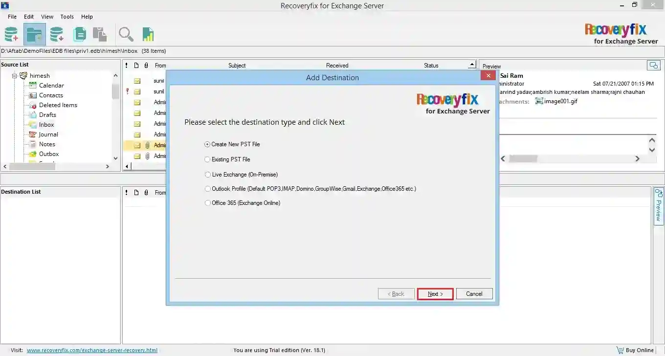 Choose the destination for EDB file