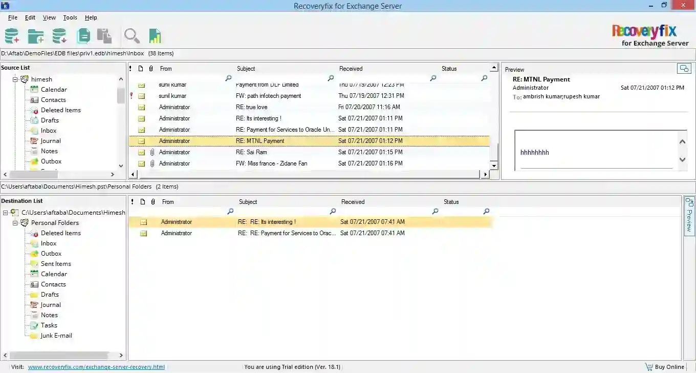 See the messages present at destination file
