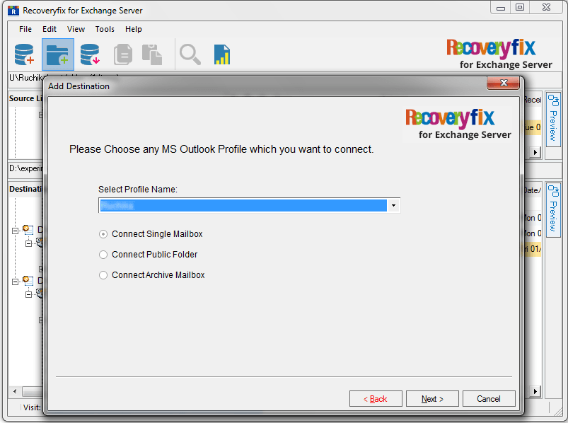 Select an Outlook profile and then select an option