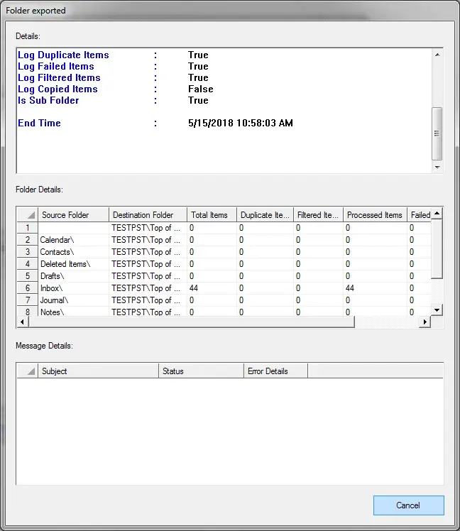 Dialogue box Folder exported is displayed
