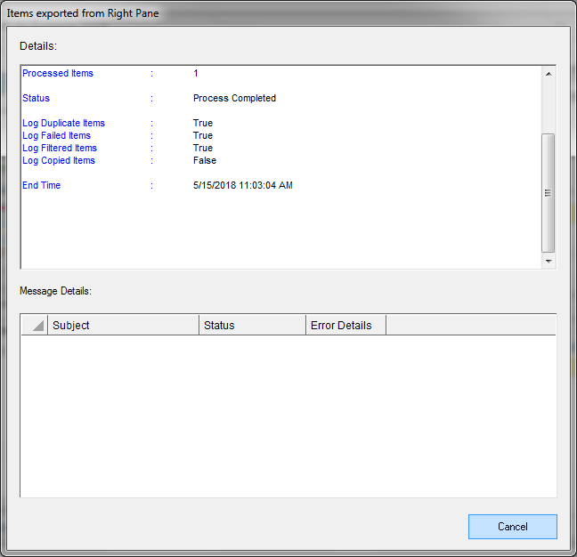 Dialogue box with the process the item details