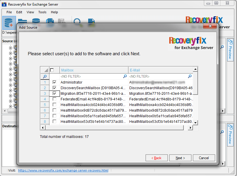 Select the mailboxes for migration