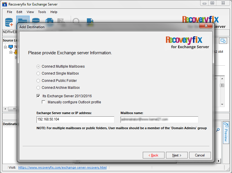 Provide Exchange Server name or IP address