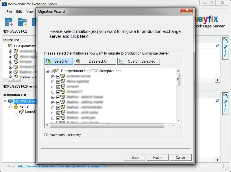 Select the mailboxes that are to be migrated