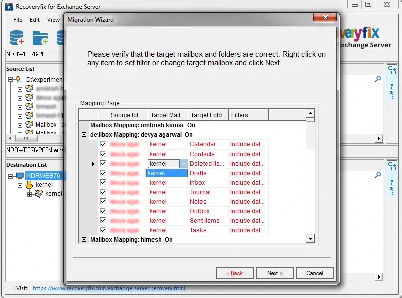 Map the source mailboxes with the target mailboxes