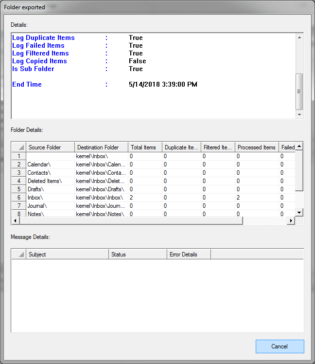 Details of exported folder items