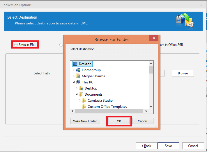 Select destination folder to save