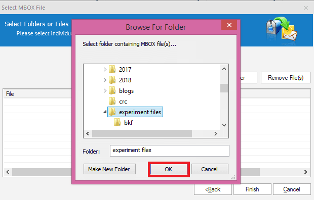 Select the folder for MBOX file