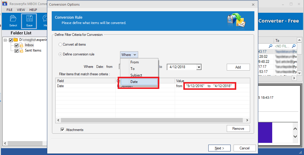 Filter emails by date option