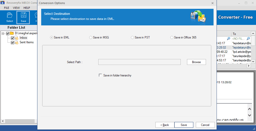 Select saving option to EML to save emails