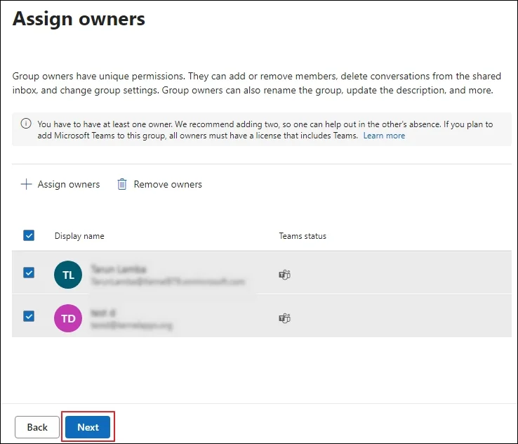 Add owner and click next