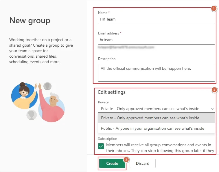 Enter details to create new group