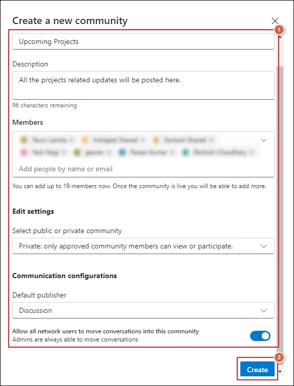 Enter details to Create a new community