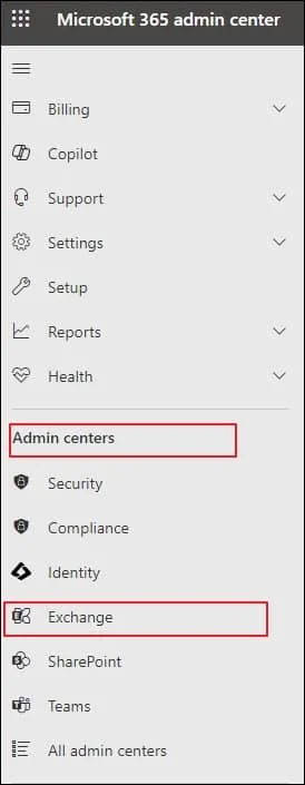 Tap on Exchange under Admin centers