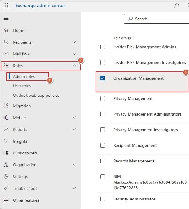 select Admin roles and click on Organization Management