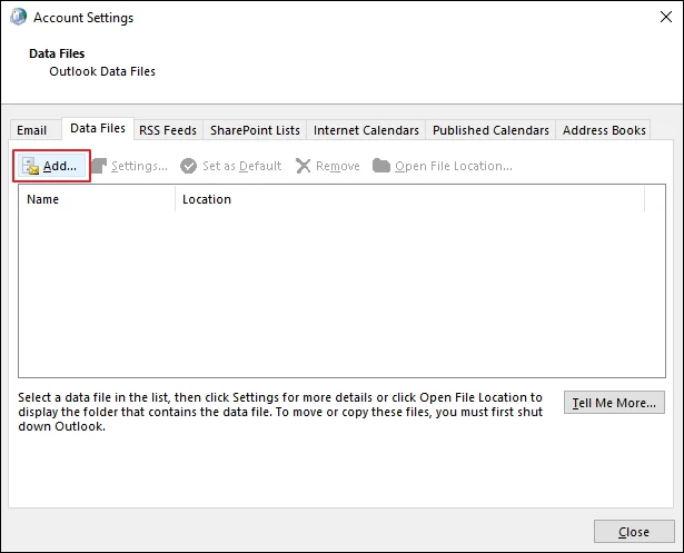 Add new PST file location