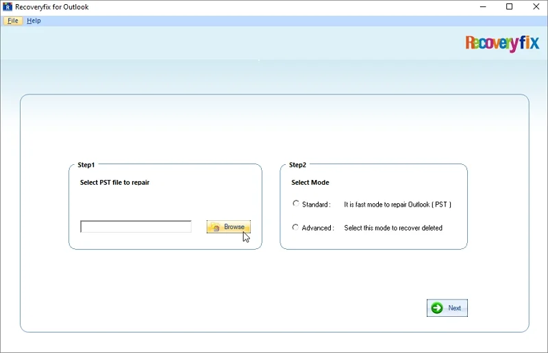 browse to select pst file