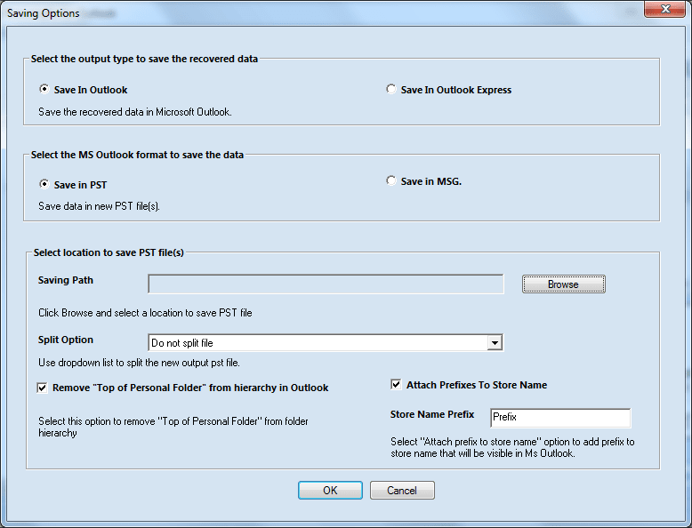 Selecting Output type and format to save the recovered file